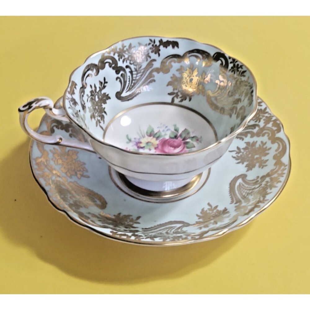 Paragon Wide Mouth Cup & Saucer Floral Center Light Blue Gold 1940's